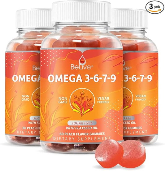 BeLive Organic Omega 3 Gummies - Omega 3 6 9 7 DHA & EPA from Flaxseed Oil & Sea Buckthorn Fruit Oil, Vegan, for Kids & Adults, Full Body, Brain & Eye Support, Sugar Free – Peach | 3-Pack