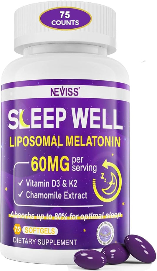 NEVISS 1Pack 60mg Melatonin Liposomal for Adults, High Dose Deep Rest & Brain Cognition, Extra Strength with Vitamin D3, K2, Chamomile for Sound Zzz Cycle, Power Antioxidant, 75 Softgels