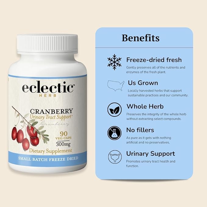 Eclectic Herb - Premium Freeze Dried Cranberry Capsules | Urinary Tract Support | Cranberry Supplement for Urinary Tract Health | Organic, Non-GMO, Vegan (120 CT | 300 mg)