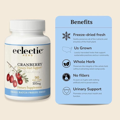 Eclectic Herb - Premium Freeze Dried Cranberry Capsules | Urinary Tract Support | Cranberry Supplement for Urinary Tract Health | Organic, Non-GMO, Vegan (120 CT | 300 mg)