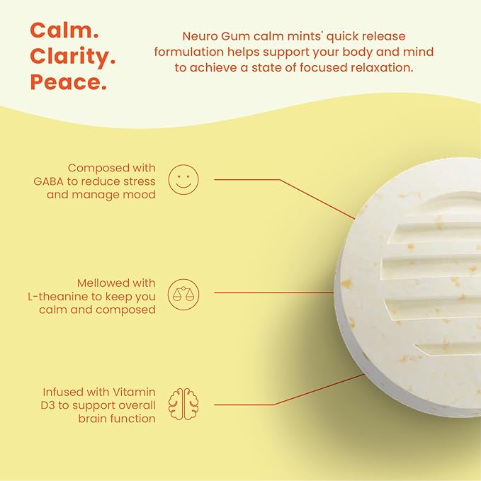 NeuroGum Calm & Clarity Mints (90 Pieces) - Sugar Free with L-theanine + GABA + Vitamin D3 - Nootropic Brain Supplements for Memory - Enhances Calm, Stress Relief for Men & Women - Honey Lemon