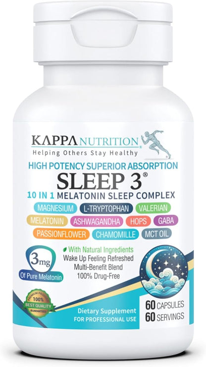 KAPPA NUTRITION Sleep 3, Sleep Aid, 3mg of Melatonin, 60-Day Supply, Non-Habit Forming Vegan Capsules Natural Ingredients for Easier Bedtime, Herbal Supplement, Valerian Root, Chamomile Non-GMO