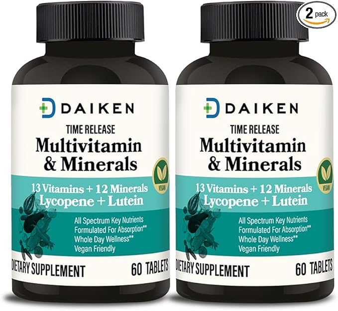 DAIKEN Mini Multivitamin, 60 Tablets, Enhanced with Lutein, Lycopene & Folic Acid, Time Released Multivitamin for Women & Men, Vegan & Easy to Swallow (Pack of 2)