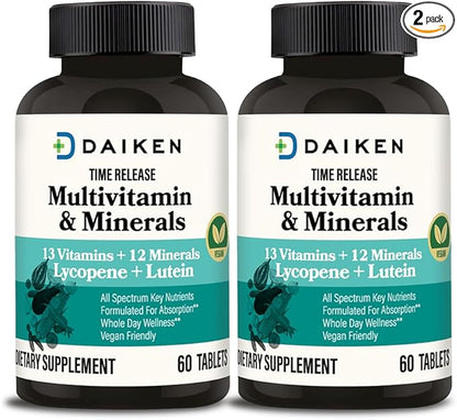 DAIKEN Mini Multivitamin, 60 Tablets, Enhanced with Lutein, Lycopene & Folic Acid, Time Released Multivitamin for Women & Men, Vegan & Easy to Swallow (Pack of 2)