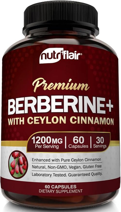NutriFlair Premium Berberine HCL 1200mg, 60 Capsules - Plus Pure True Ceylon Cinnamon, Berberine HCI Root Supplements Pills - Immune System - yields an Optimal 8% Berberine