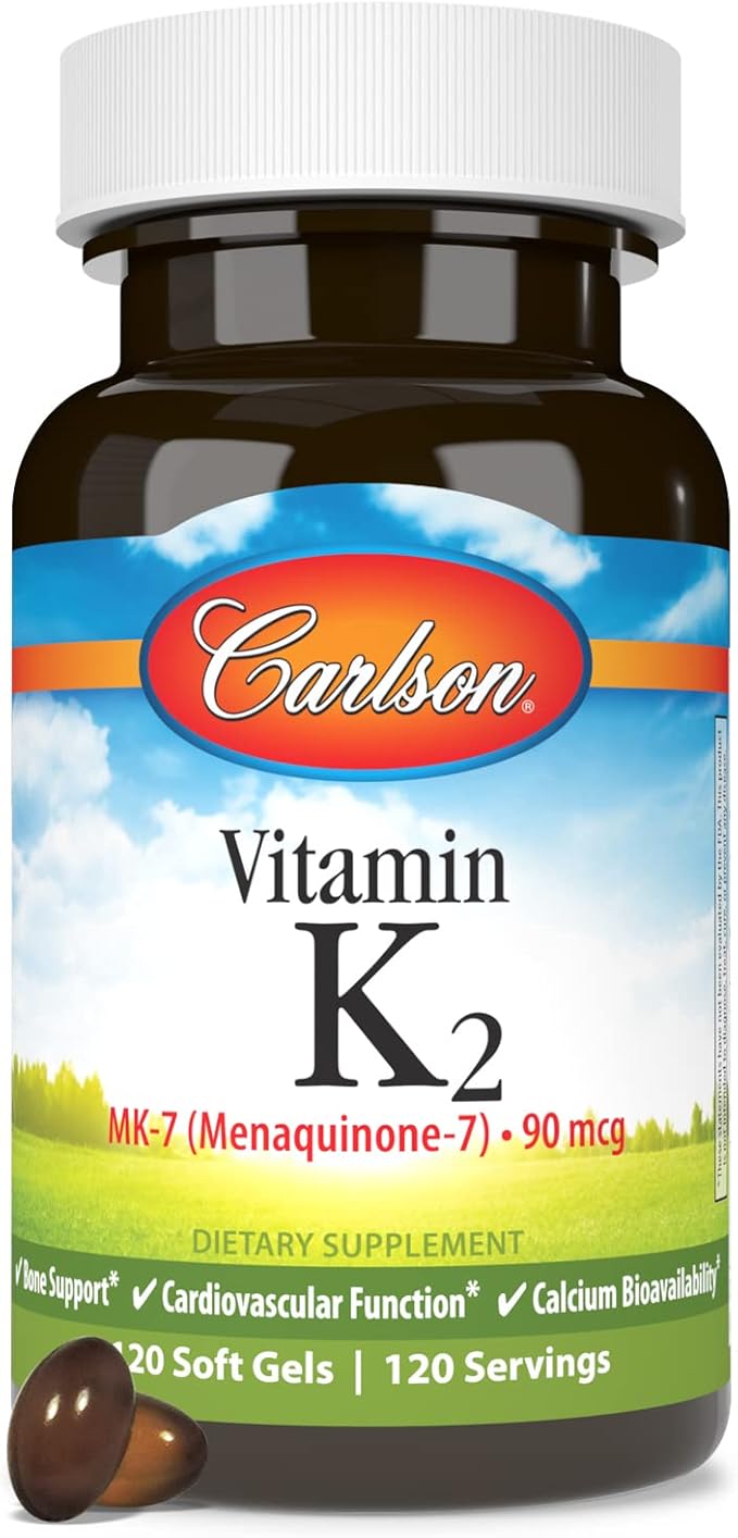Carlson - Vitamin K2 MK-7 (Menaquinone), 90 mcg, Bone Support, Calcium Bioavailability, K2 Vitamin, Vitamin K-2, 120 Softgels