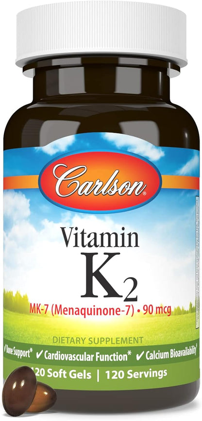 Carlson - Vitamin K2 MK-7 (Menaquinone), 90 mcg, Bone Support, Calcium Bioavailability, K2 Vitamin, Vitamin K-2, 120 Softgels