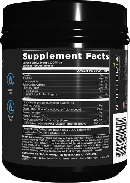 Collagenius v2.0 Brain Supplement – Lion’s Mane Chaga Cordyceps Reishi, Collagen Peptides & Superfoods – Supports Focus Memory Energy Immune Health Anti-Aging – Nootropic Powder 15 Servings