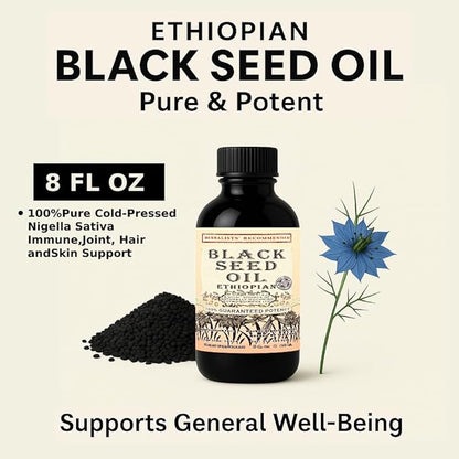 Black Seed Oil 8 oz - Cold Pressed Ethiopian Black Cumin Nigella Sativa, 3X Thymoquinone, 100% Pure & Organic Liquid in Glass Bottle - Supports Immune, Hair, and Skin Health
