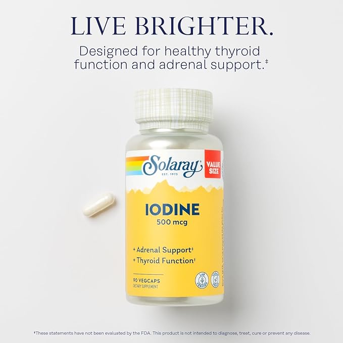 Solaray Iodine 500 mcg, Iodine Supplement for Healthy Adrenal and Thyroid Support, Energy, Metabolism, and Focus, Potassium Iodide, Vegan, 60-Day Money-Back Guarantee, 90 Servings, 90 VegCaps