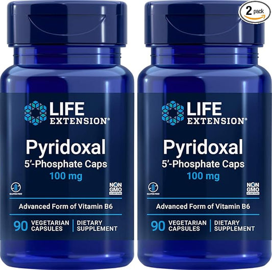 Life Extension Pyridoxal-5'-Phosphate Caps P5P 100 mg, 90 Veg Capsules (Pack of 2) - Advanced Vitamin B6 Supplement