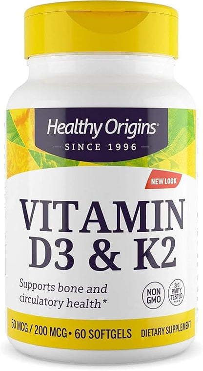 Healthy Origins Vitamin D3 & K2 - Vitamin D3, 50 mcg - Vitamin K2, 200 mcg - Easily Absorbable Vitamin D & Vitamin K Supplements - Non-GMO & Gluten-Free Supplements - 60 Softgels