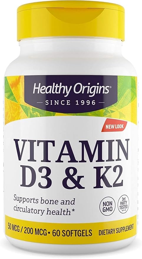 Healthy Origins Vitamin D3 & K2 - Vitamin D3, 50 mcg - Vitamin K2, 200 mcg - Easily Absorbable Vitamin D & Vitamin K Supplements - Non-GMO & Gluten-Free Supplements - 60 Softgels