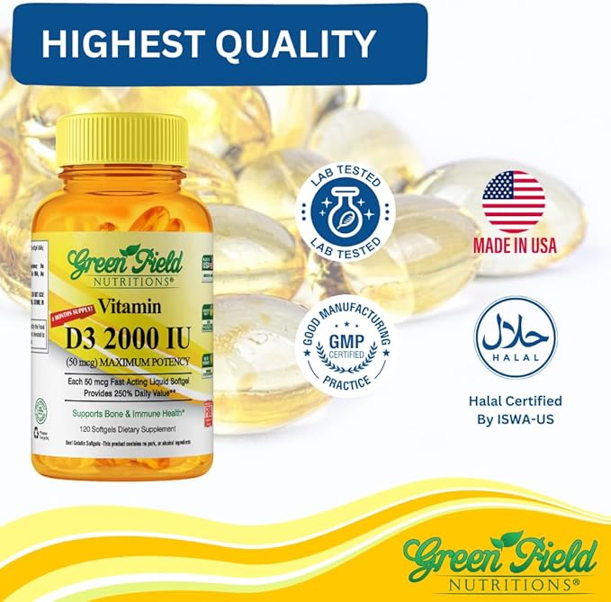 Greenfield Nutritions Halal Vitamin D3 2000 IU Softgel - 50 mcg High Potency D3, 120 Unflavored Mini Softgels - Halal Vitamins D with Halal Beef Gelatin, Supports Immune Bone Teeth Brain and Hair
