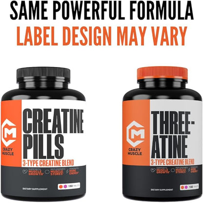 Crazy Muscle Creatine Monohydrate Pills, Premium 3 Type 5g Creatine Pills, Pre and PostWorkout & Keto Energy Builder, Easy to Take Three-Atine Pills for Optimum Performance Men Women, 180 Tablets