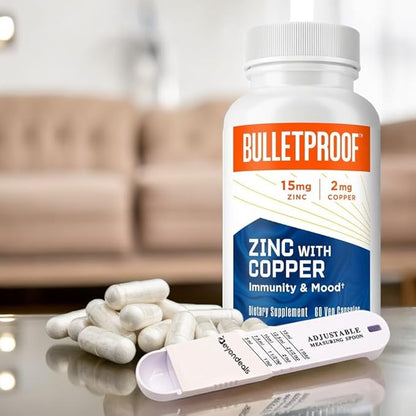 Zinc with Copper, 15mg, 60 Capsules - Immune Support & Mood Enhancer with Balanced 30mg Zinc and 2mg Copper, Non-GMO, Gluten-Free, Bundle with Measuring Spoon [Pack of 2]