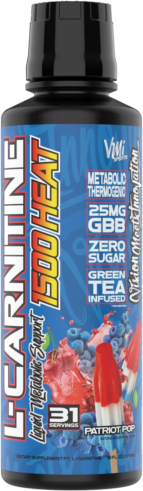 VMI Sports L-Carnitine 1500 Heat Liquid Enhanced Thermogenic | 1500 mg Carnitine | Maximum Absorption Formula | Great Taste for Men & Women | 31 Servings (Patriot Pop)