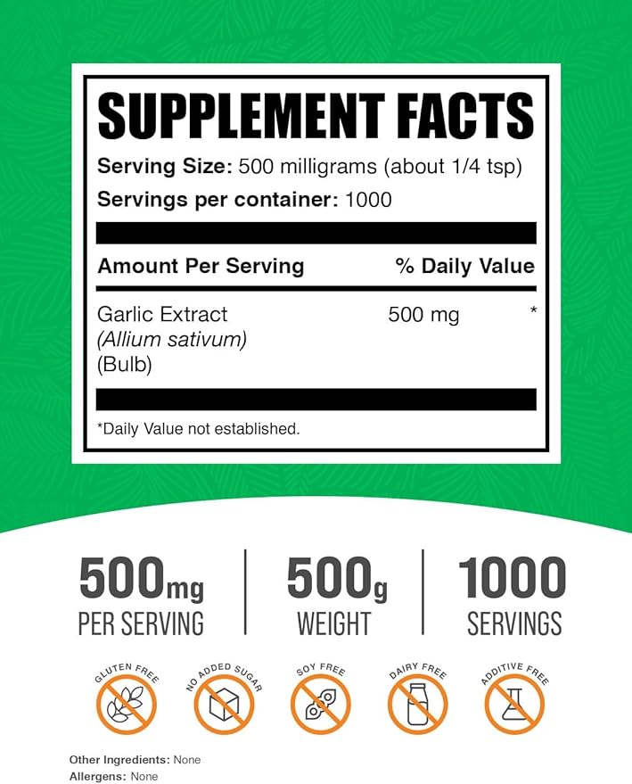 BulkSupplements.com Garlic Extract Powder - Garlic Supplement, Garlic Powder Supplement, Allium Sativum - Herbal & Gluten Free, 500mg per Serving, 500g (1.1 lbs) (Pack of 1)