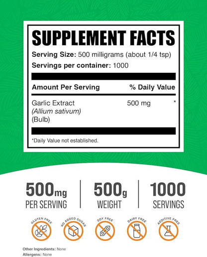 BulkSupplements.com Garlic Extract Powder - Garlic Supplement, Garlic Powder Supplement, Allium Sativum - Herbal & Gluten Free, 500mg per Serving, 500g (1.1 lbs) (Pack of 1)