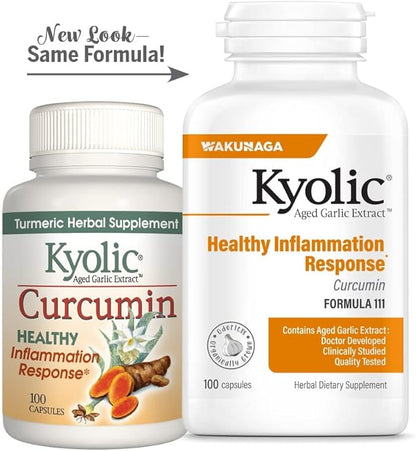Kyolic Aged Garlic Extract Formula 111, Healthy Inflammation Response, Curcumin, 100 Capsules (Packaging May Vary)