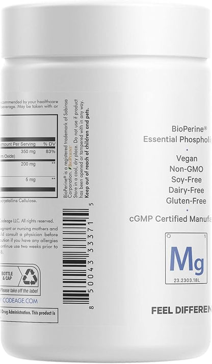 Codeage Liposomal Magnesium Glycinate Supplement - Magnesium Bisglycinate Pills - BioPerine Black Pepper - Liposomal Delivery - Non-GMO, Gluten-Free Mineral - 120 Capsules