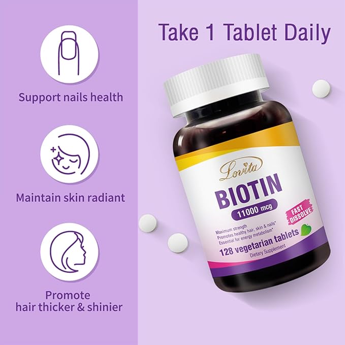 Lovita Maximum Strength 11,000mcg Biotin: Fast-Dissolving, Vegetarian Tablets - Easily Absorbed, Gluten & Dairy-Free, 128 Vegan-Friendly Tablets