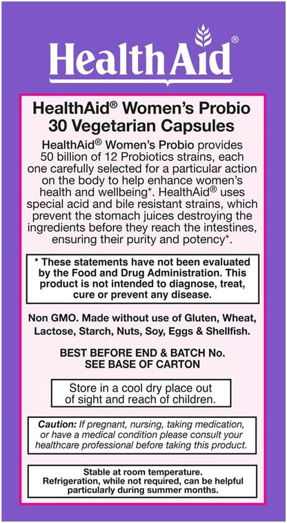 WomensProbio 50 Billion with Prebiotic, 30ct Once Daily Capsule, Support for Feminine Health, Abdominal Bloating, and Yeast Infection, Acid & Bile Resistant, Lactose, Gluten, and GMO Free, Vegetarian