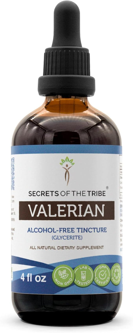 Secrets of the Tribe Valerian Alcohol-Free Liquid Extract, Valerian (Valeriana Officinalis) Dried Root Tincture Supplement (4 FL OZ)