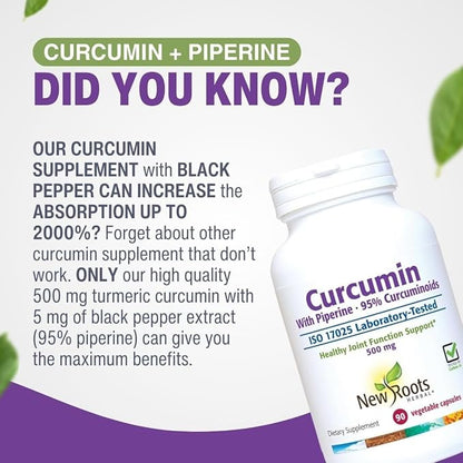 New Roots | Turmeric Curcumin with Black Pepper Supplement is 20x Better Absorption | 95% Curcuminoids + 95% Piperine (90 Veg Capsules, Each 500mg)