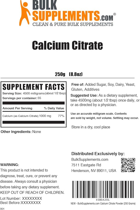 BulkSupplements.com Calcium Citrate Powder - Calcium Supplement, High Bioavailable - Unflavored & Gluten Free, 4.5g per Serving, 250g (8.8 oz) (Pack of 1)