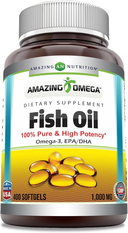 Amazing Omega Fish Oil Supplement | Omega-3, 180 mg EPA. 120 mg DHA | 1000 Mg | 400 Softgels | Non-GMO | Gluten-Free | Made in USA