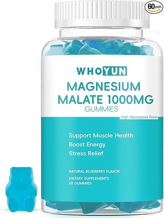 Magnesium Malate Gummies 1000mg, Enhanced Absorption Magnesium Chewables Supplement with Malic Acid for Energy Boost & Muscle Health, 60 Count