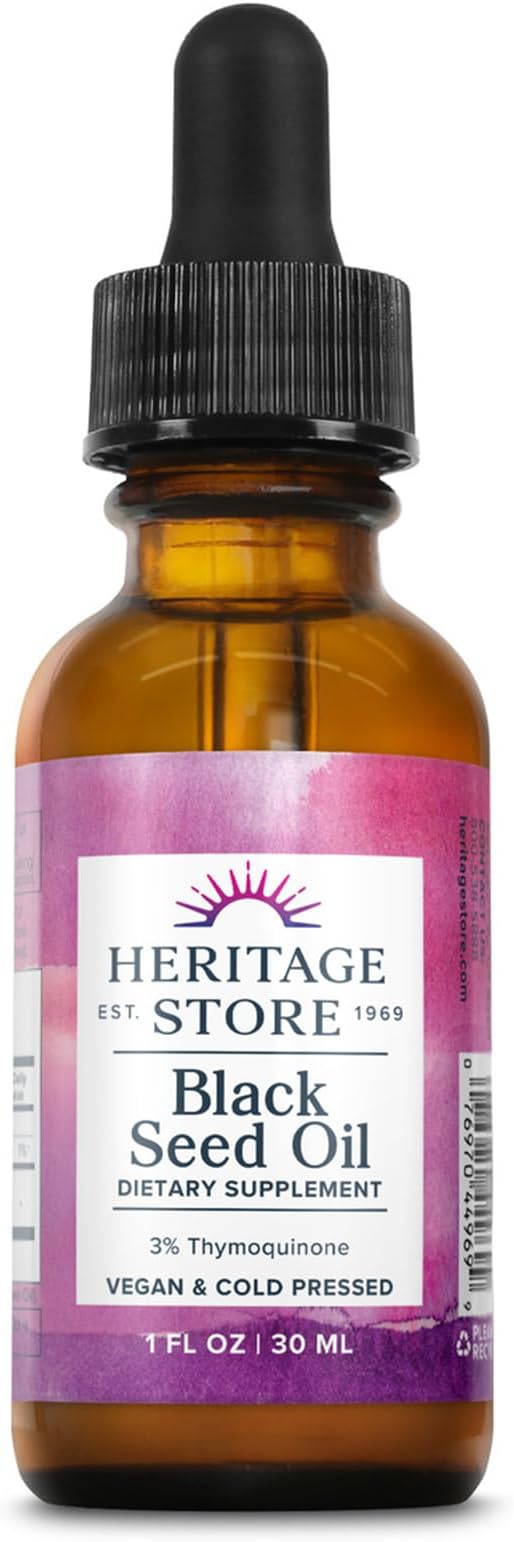 HERITAGE STORE Black Seed Oil w/ 3% Thymoquinone, Omega 6 9 - Nigella Sativa Liquid Oil, Cold Pressed from Black Seeds, Joints, Digestion and Immune Support, Vegan, 60-Day Guarantee, 30 Serv, 1 fl oz