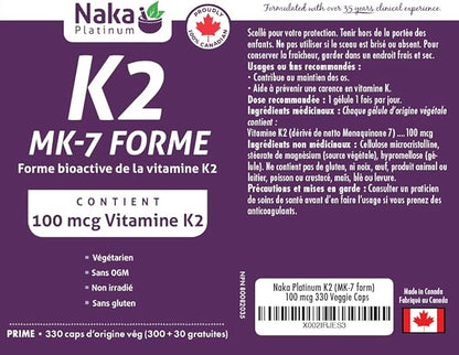 Platinum K2 (MK-7 Form) 100 mcg Super Bonus Size 330 Veggie Caps (300+30) Bioactive Form of Vitamin K2