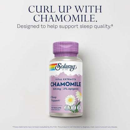SOLARAY Chamomile Extract, Sleep Supplement Support, 2% Apigenin, Vegan, Gluten Free, Made Without Soy, 60 Day Money-Back Guarantee, 30 Servings, 30 VegCaps