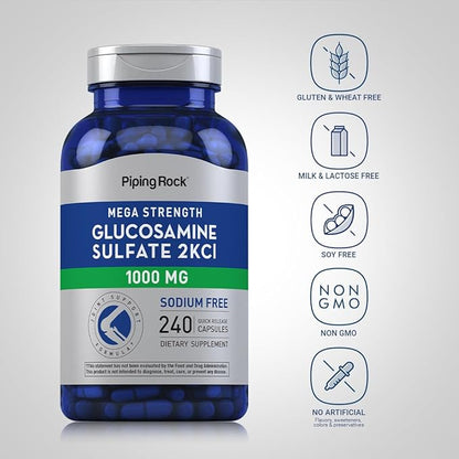 Piping Rock Glucosamine Sulfate 1000mg | 240 Capsules | Mega Strength | Joint Support | Sodium Free | Non-GMO & Gluten Free Supplement