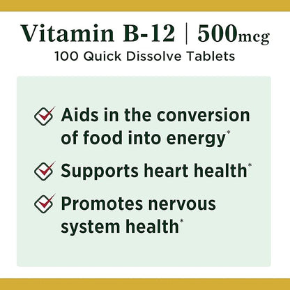 Nature's Bounty Vitamin B12, Supports Energy Metabolism and Nervous System Health, 500mcg, Tablets, 100 Ct (Pack of 2)