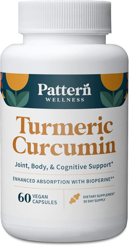 Pattern Wellness Turmeric Curcumin - 1300mg - 95% Curcuminoids with Bioperine Black Pepper Extract - Natural Joint, Health & Cognitive Support - Non-GMO, Gluten Free - 60 Capsules