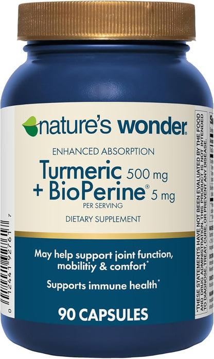 Nature's Wonder Turmeric Supplement with BioPerine - Enhanced Absorption Turmeric Complex 500mg with BioPerine 5mg for Joint Function, Mobility, and Comfort, 90 Vegetarian Turmeric Capsules