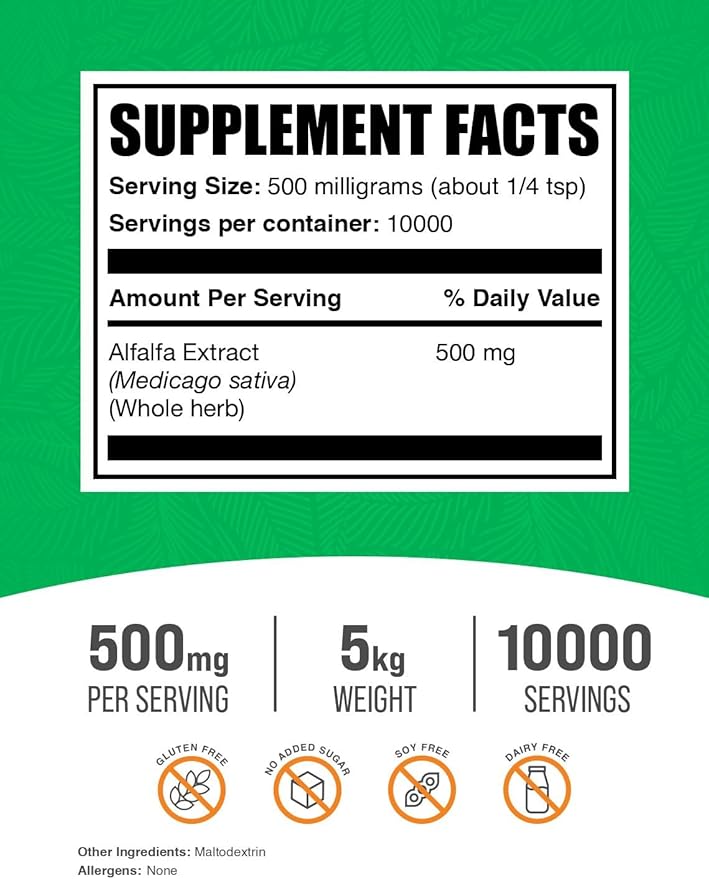 BulkSupplements.com Alfalfa Extract Powder - Alfalfa Supplement, Green Superfood Powder - Vegan & Gluten Free, Green Supplements - 500mg per Serving, 5kg (11 lbs) (Pack of 5)