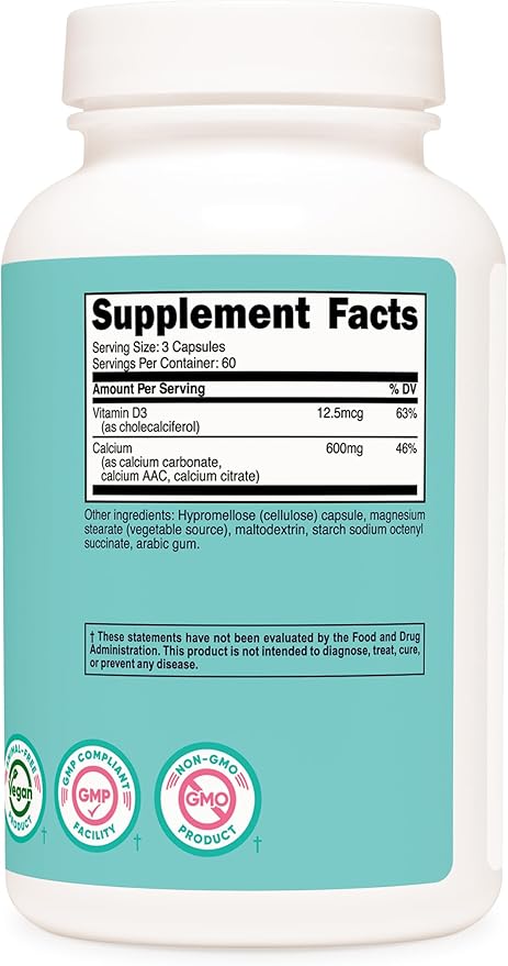 Nutricost Calcium (600mg) + Vitamin D3 (12.5mcg) for Women, 180 Capsules - Vegan, Non-GMO, Gluten Free - 60 Servings