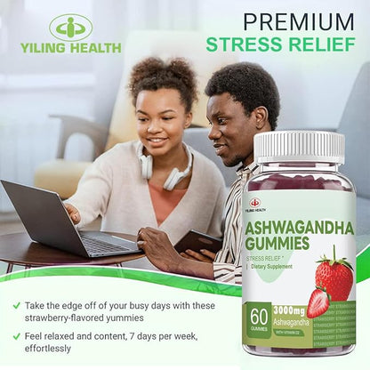 YiLing Ashwagandha Gummies for Women & Men, 3000 Mg of High-Potency Ashwagandha Root Extract Boosts Energy, Improves Sleep, Relieves Stress and Calms Mood, 60 Count Strawberry Flavor Ashwagandha