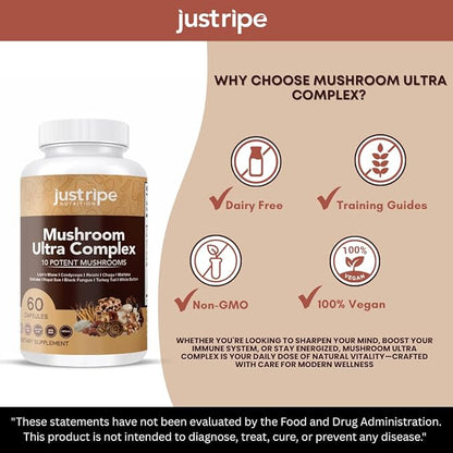 Mushroom Ultra Complex - Reishi, Cordyceps, Lions Mane & Shiitake - Immune System Booster & Nootropic Brain Supplement - Enhance Memory and Focus - Stress Relief - 60 Capsules