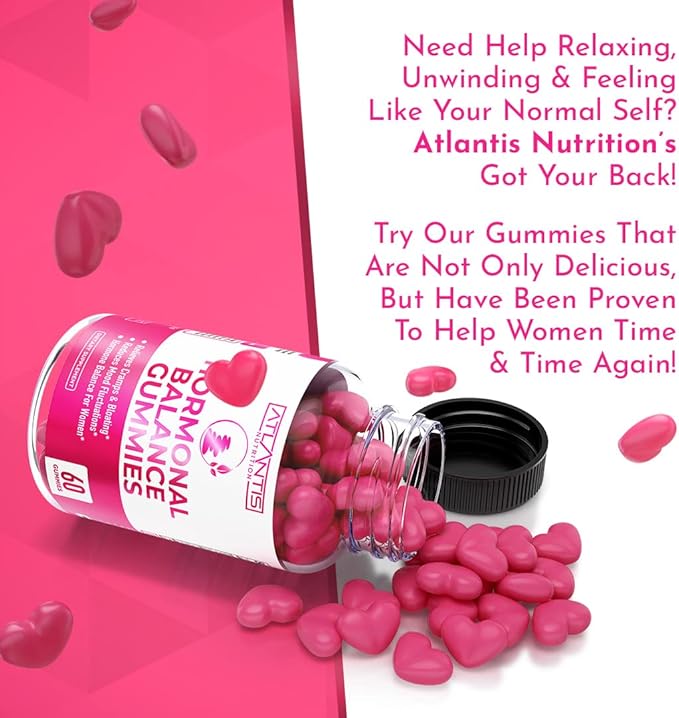 Atlantis Nutrition Hormonal Balance for Women & PMS Relief Gummies - Alleviates Cramps, Bloating, Mood Swings, Hot Flashes & Night Sweats - Cranberry, Dong Quai & Chasteberry Menstrual Cramp Relief