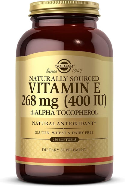 SOLGAR Vitamin E 268 mg (400 IU) - 250 Softgels - Naturally-Sourced Vitamin E as d-Alpha Tocopherol - Gluten Free, Dairy Free - 250 Servings