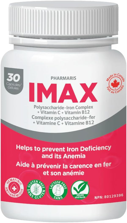 IMAX 150 mg Iron Supplement, 250 mg VIT C, 1000 mcg VIT B12, 30 Capsules, Treatment for Iron Deficiency Anemia, Once Daily Dosing