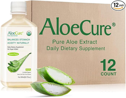 AloeCure USDA Organic Aloe Vera Juice Made Within 12 Hrs of Harvest - Pure Aloe Juice Natural Digestive Supplement to Support Digestion, Immune System and Balanced Stomach Acidity, 12 x 500ml Bottles