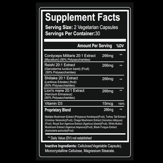 Mushrooms, 1 Month Supply of Capsules: Containing Lion's Mane, Cordyceps, Reishi and More.