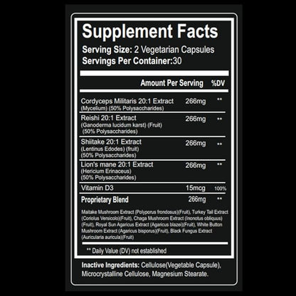 Mushrooms, 1 Month Supply of Capsules: Containing Lion's Mane, Cordyceps, Reishi and More.