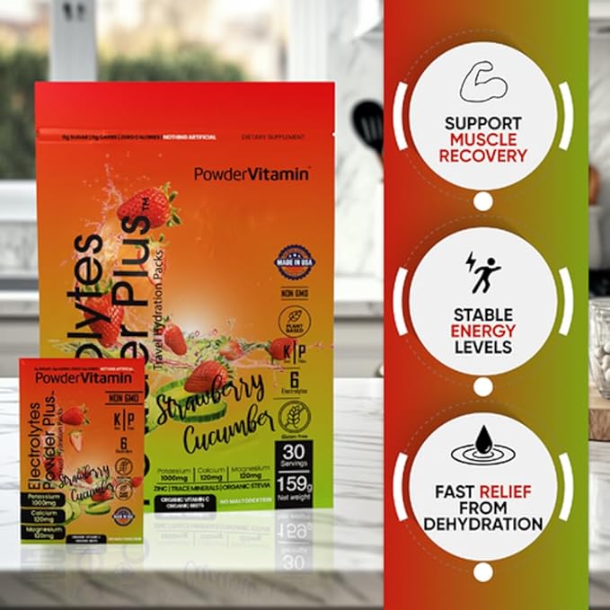 Electrolytes Powder Plus, Keto, Strawberry Cucumber, Sugar Free, 1000mg Potassium, 120mg Calcium, 120mg Magnesium, Non-GMO, Zero Calories, 30 Hydration Packets